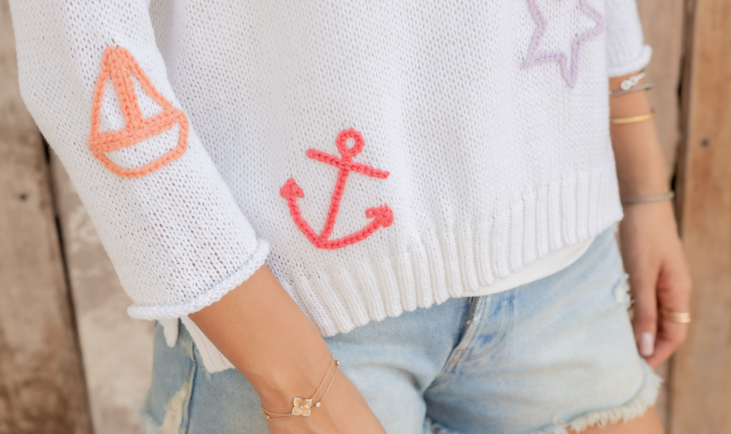 Charms 3/4 Sleeve V-Neck Cotton Sweater