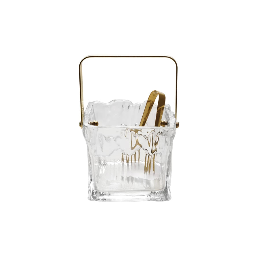 Glass Ice Bucket W/ Gold Tongs
