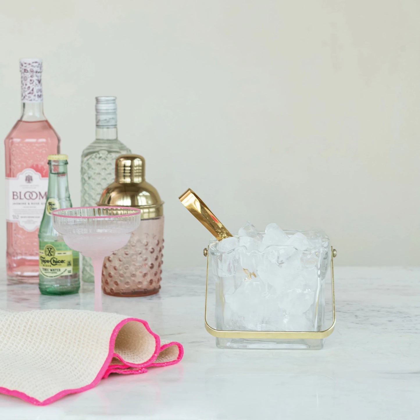 Glass Ice Bucket W/ Gold Tongs
