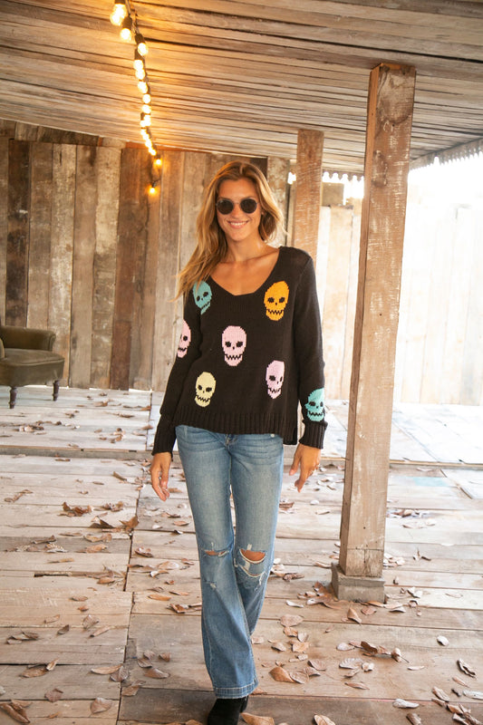 Multiple Skulls V Neck Cotton Sweater