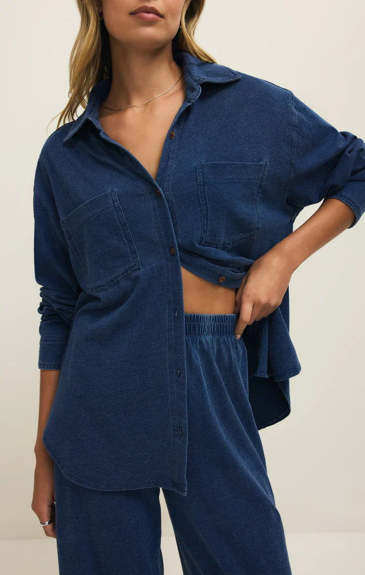 Reese Jersey Denim Button Up Top