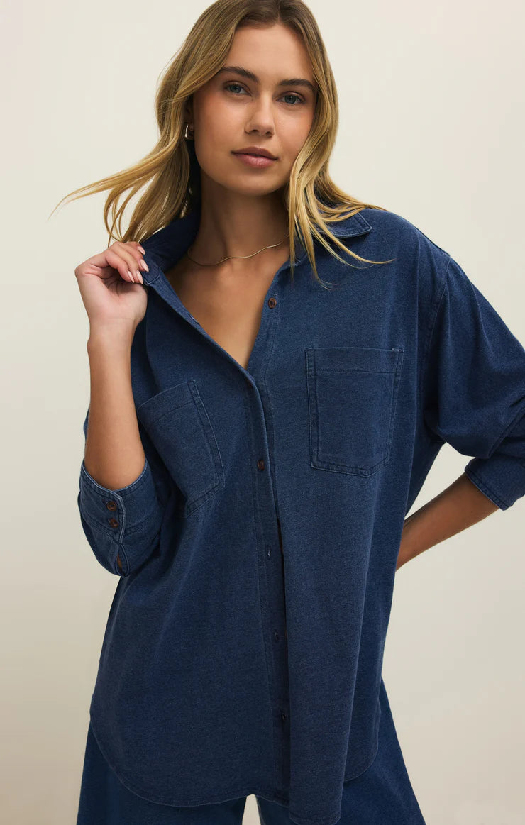 Reese Jersey Denim Button Up Top