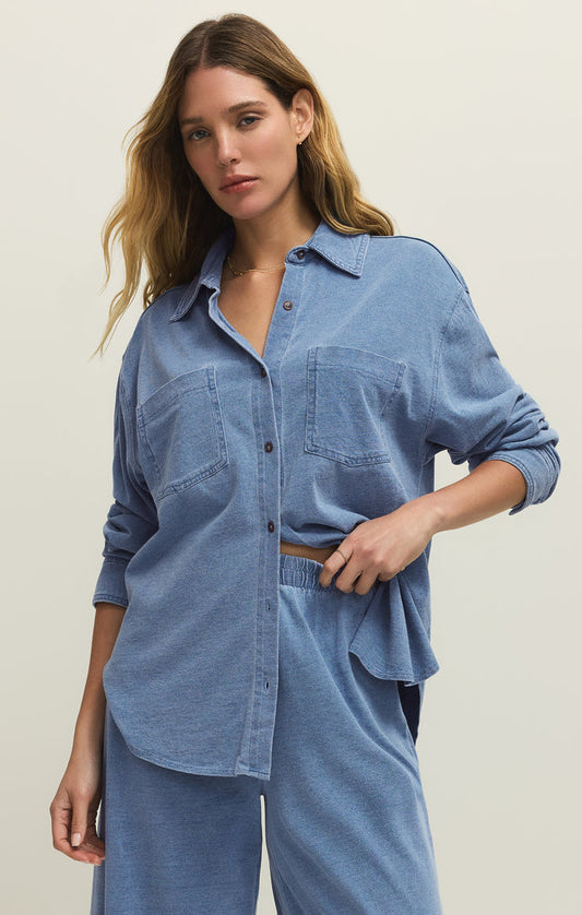 Reese Jersey Denim Button Up Top