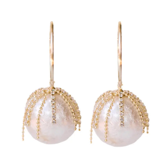 Diamond Fringe Pearl Hoop Earring