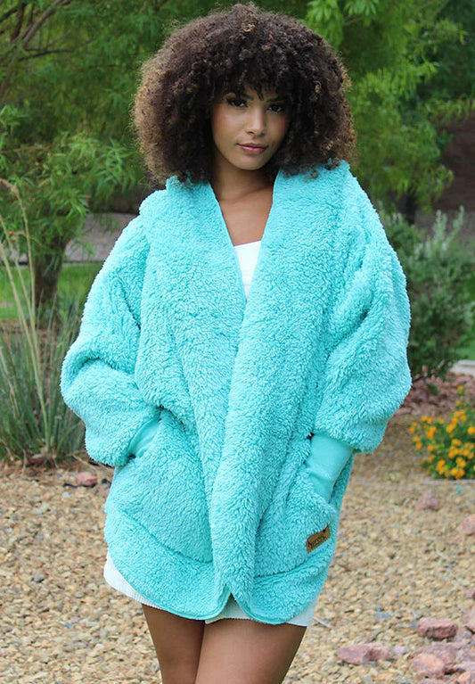 Light and fluffy teal nordic wrap jacket