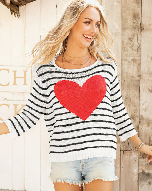 Amelie Heart 3/4 Sleeve Crewneck Sweater